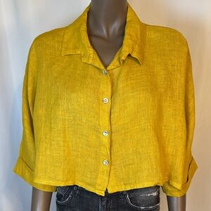 colette Mustard Yellow Button-Up Women's Crop Top | Quarter Sleeves
